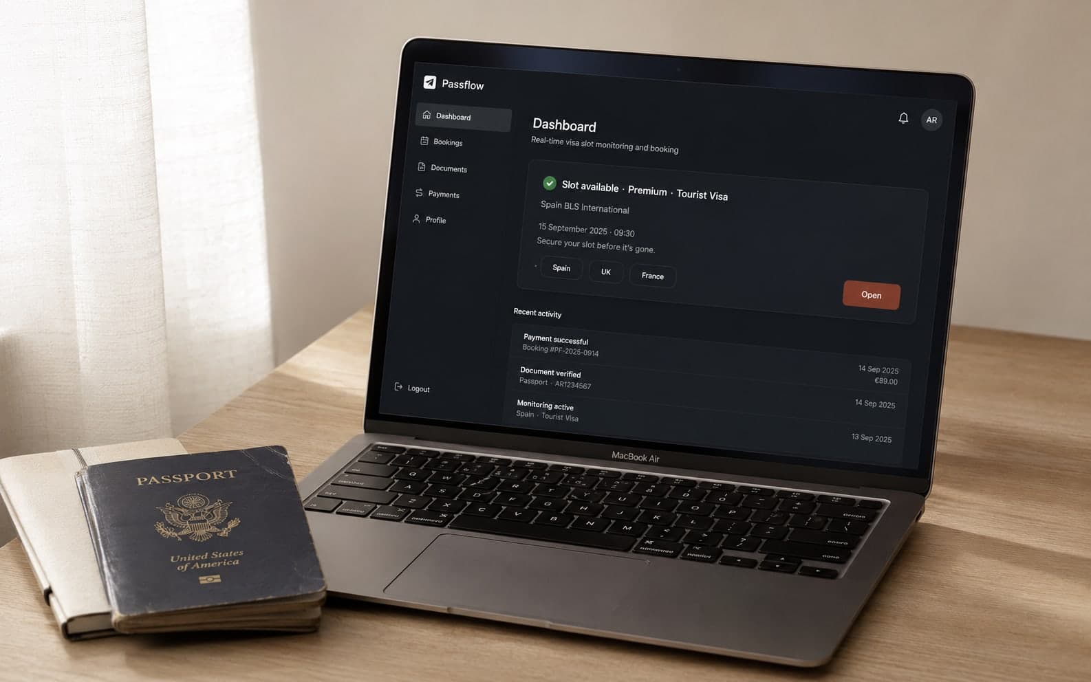 Passflow dashboard on a MacBook beside a passport